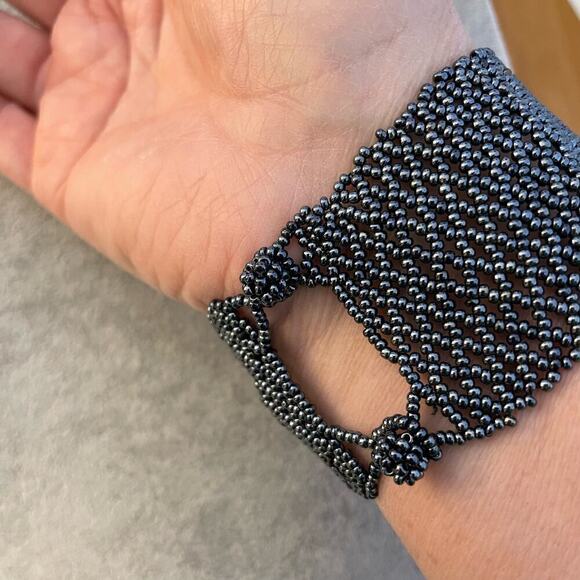 wide woven beaded fashion bracelet 7.5" iridescent black - Picture 3 of 4